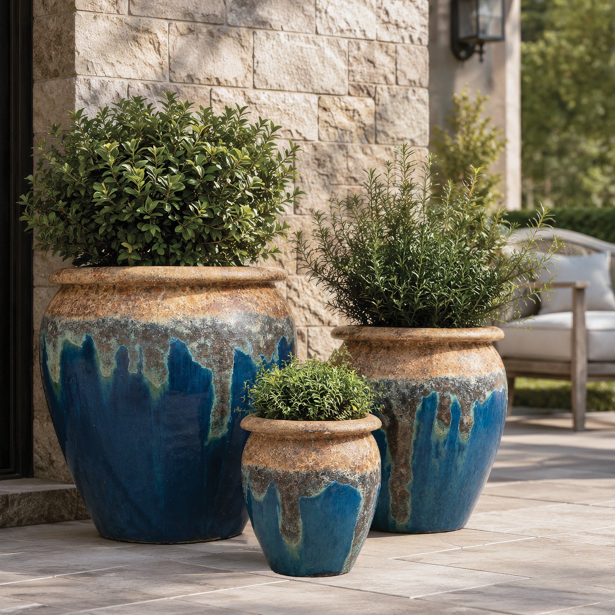 Maricopa Water Jar in Ancient Earth over Azul styled in an outdoor setting