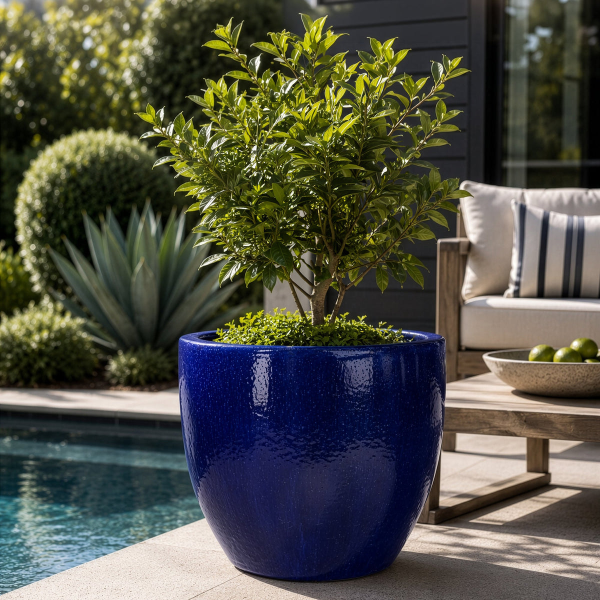 Egg Planter in Falling Blue styled in an outdoor setting