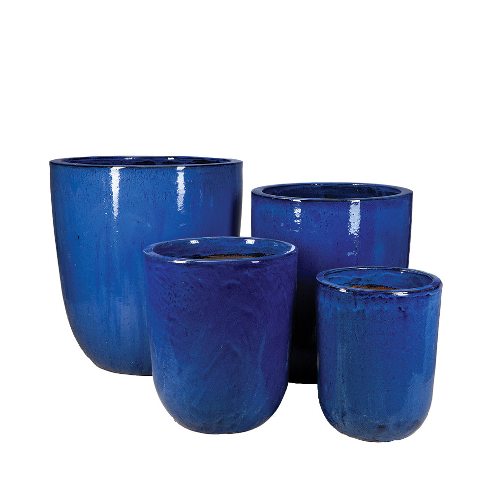 Tall Vestro in Falling Blue, glazed ceramic outdoor planter