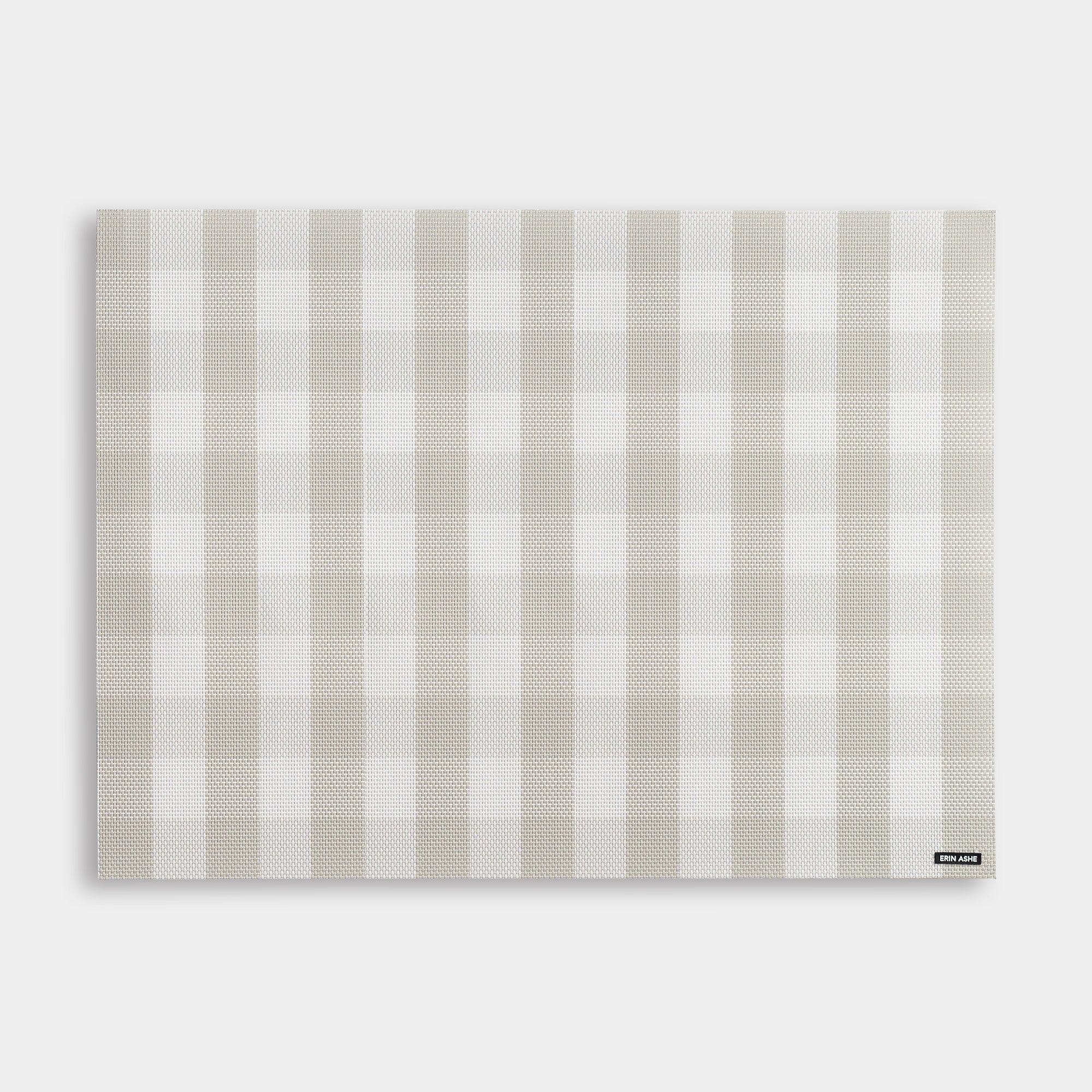 Rectangular woven vinyl placemat with khaki and white buffalo check pattern