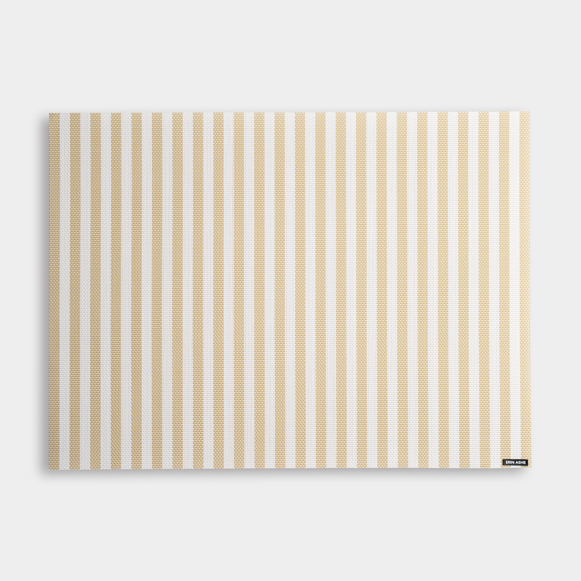 Rectangular woven vinyl placemat with beige and white stripes
