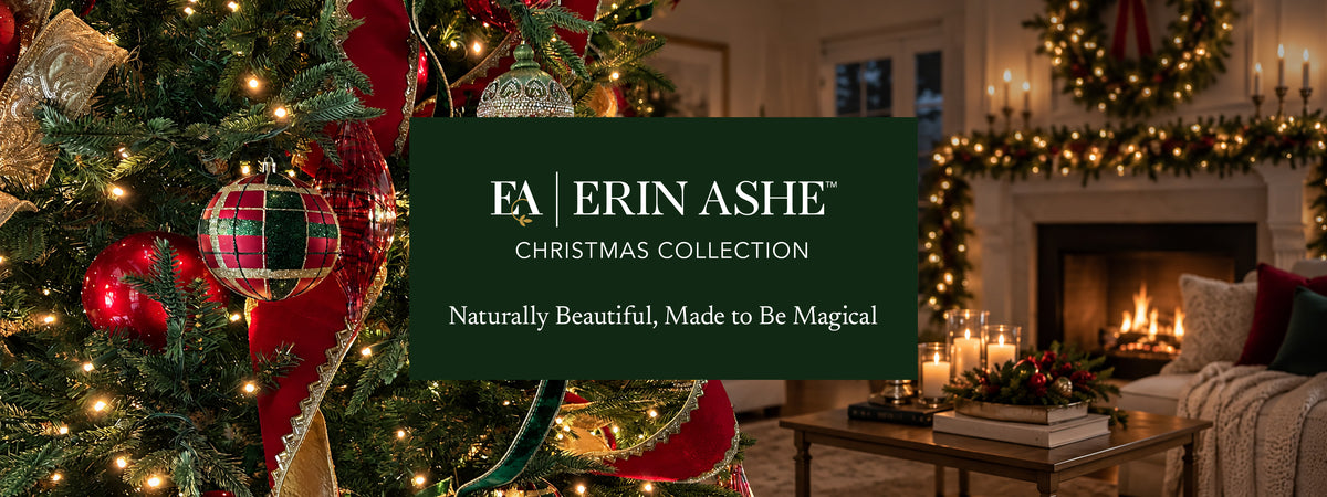 Christmas tree in a home featuring the Erin Ashe Christmas Collection logo with the tagline Naturally beautiful, made to be magical.