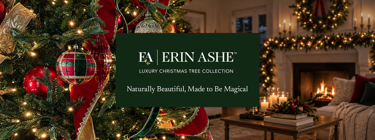 Christmas tree in a home featuring the Erin Ashe Christmas Collection logo with the tagline Naturally beautiful, made to be magical.