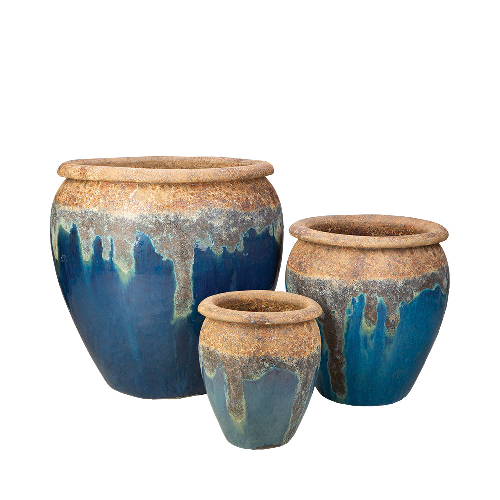 Maricopa Water Jar in Ancient Earth over Azul, glazed ceramic outdoor planter