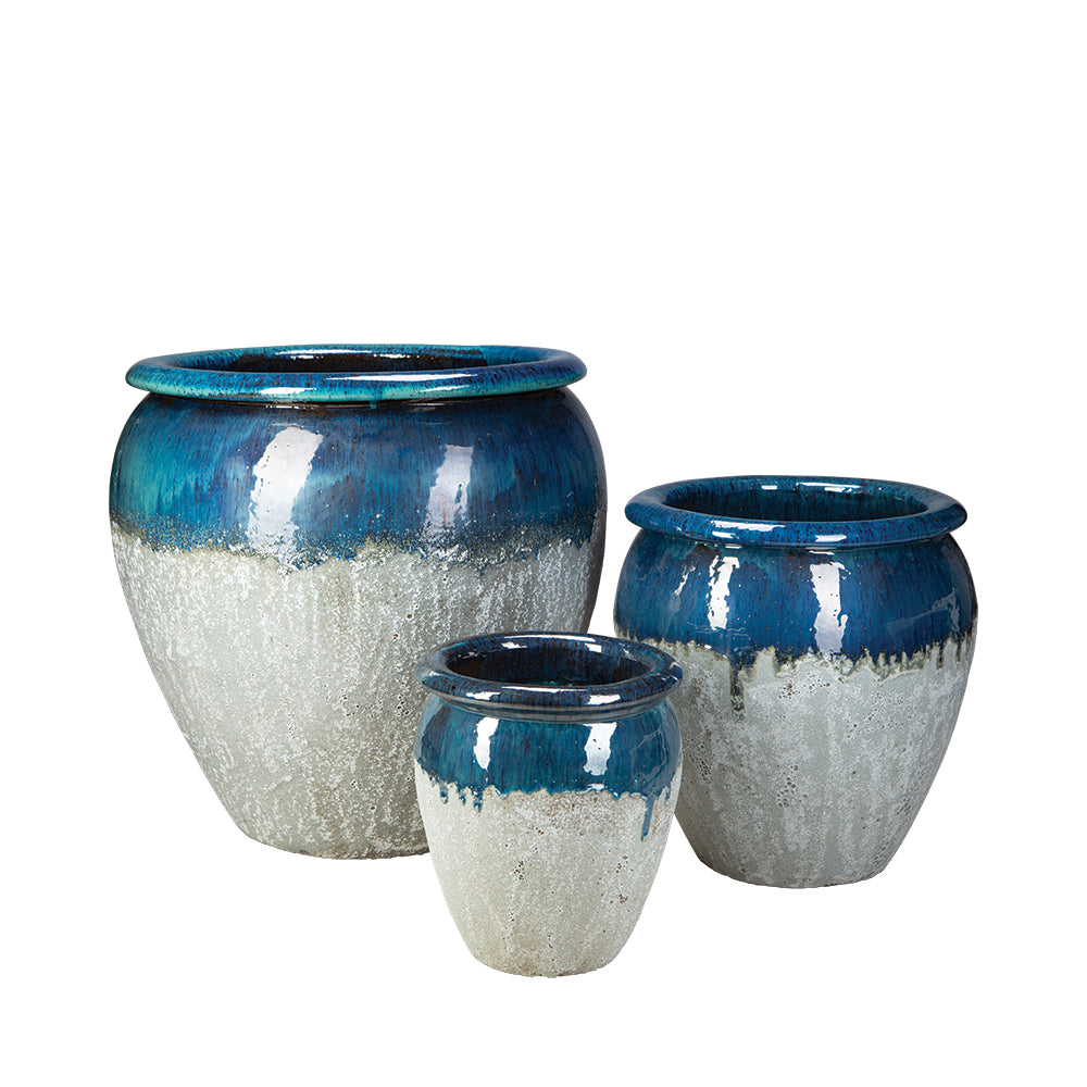Maricopa Water Jar in Azul over Greystone, glazed ceramic outdoor planter
