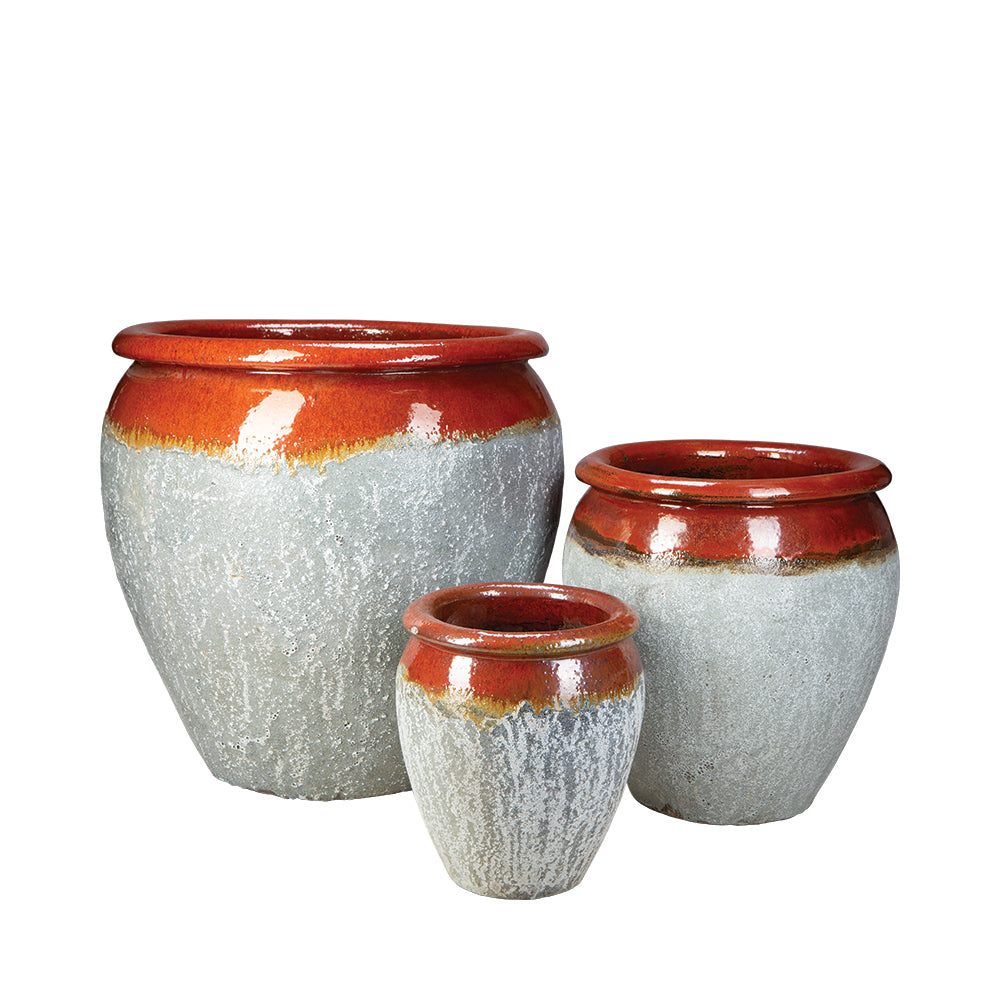 Maricopa Water Jar in Red over Greystone, glazed ceramic outdoor planter