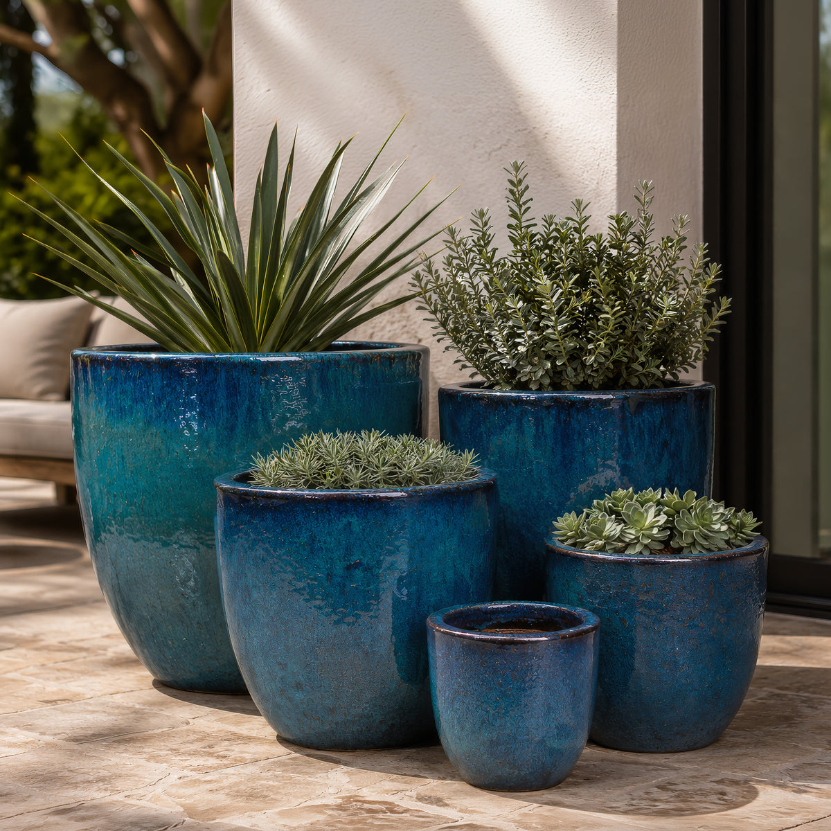 Egg Planter in Azul styled in an outdoor setting