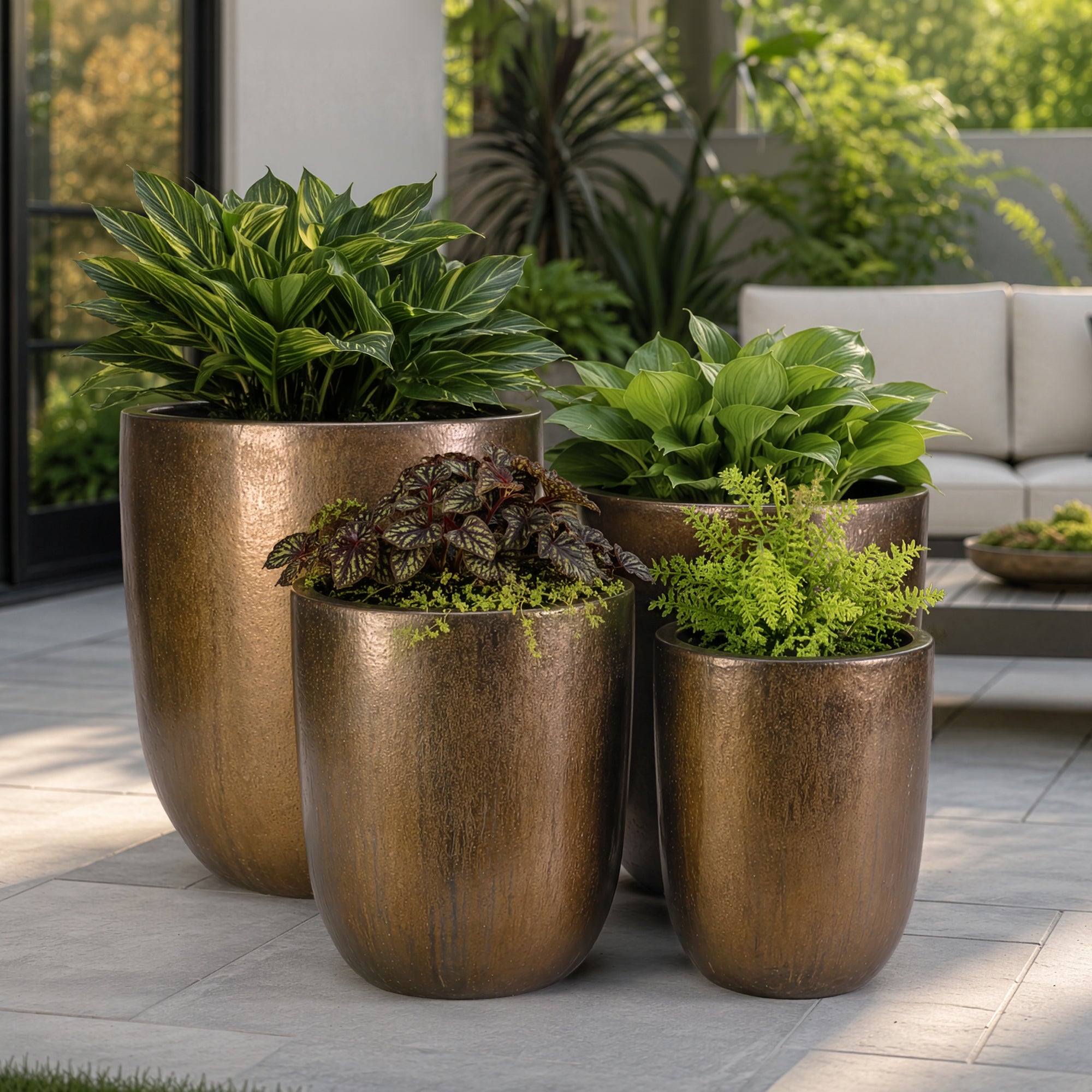 Tall Vestro in Antique Copper styled in an outdoor setting