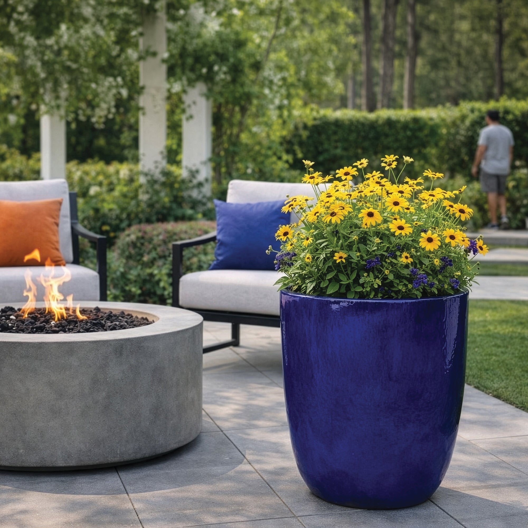 Tall Vestro in Falling Blue styled in an outdoor setting