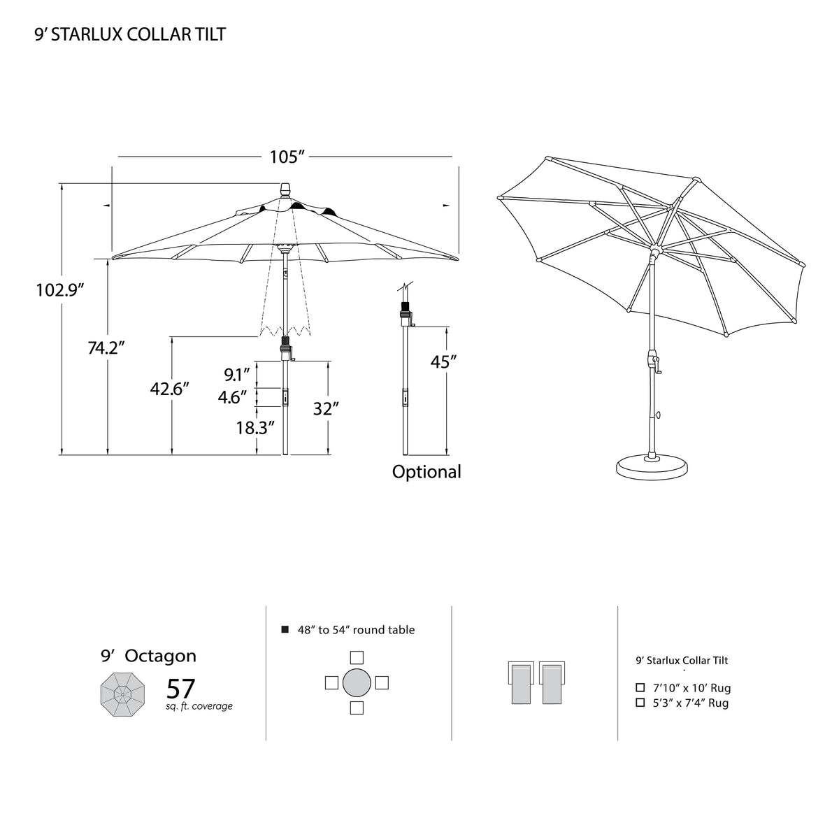 9' Starlux Collar Tilt Market Umbrella with Wave Valance with Trim
